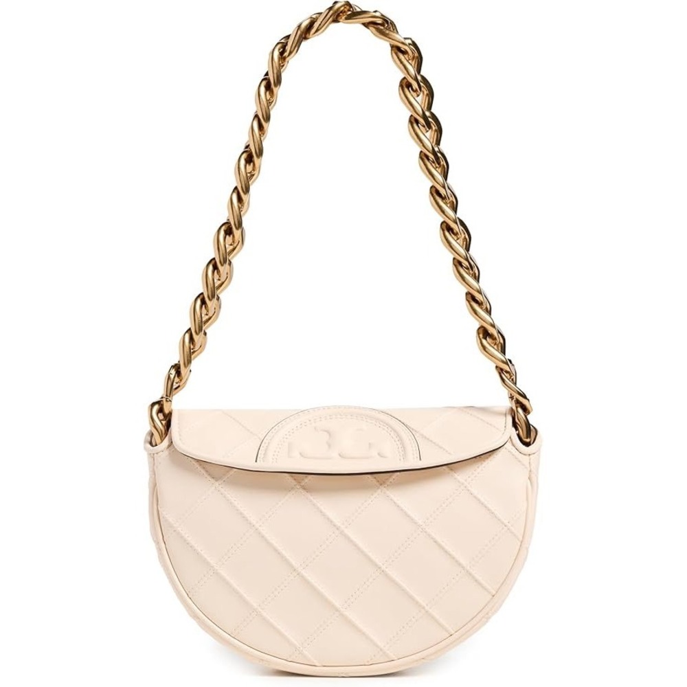 Tory Burch Quilted Cream Half-Moon Shoulder Bag with Gold Chain